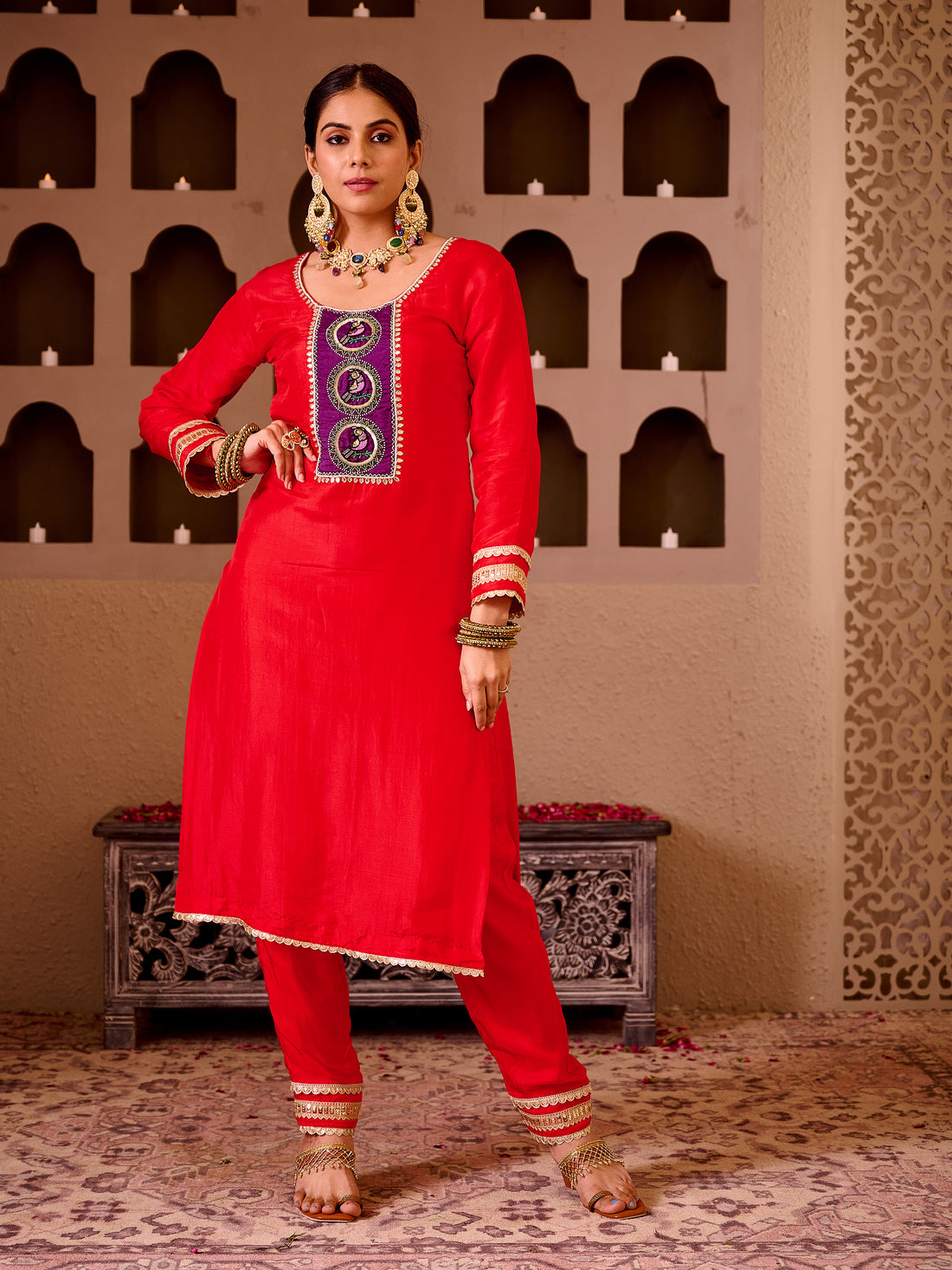 Pakhi Red Silk Hand Embroidered Suit Set
