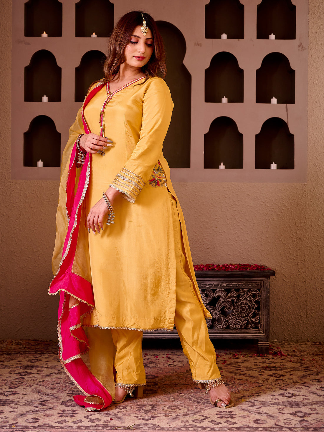 Suruchi Golden Silk Hand Embroidered Suit Set