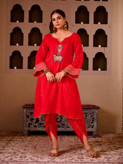 Pichwai Art Red Silk Hand Embroidered Suit Set