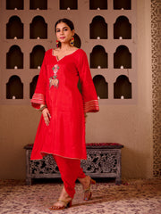 Pichwai Art Red Silk Hand Embroidered Suit Set