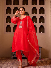 Pichwai Art Red Silk Hand Embroidered Suit Set