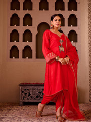 Pichwai Art Red Silk Hand Embroidered Suit Set