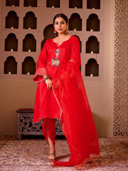 Pichwai Art Red Silk Hand Embroidered Suit Set