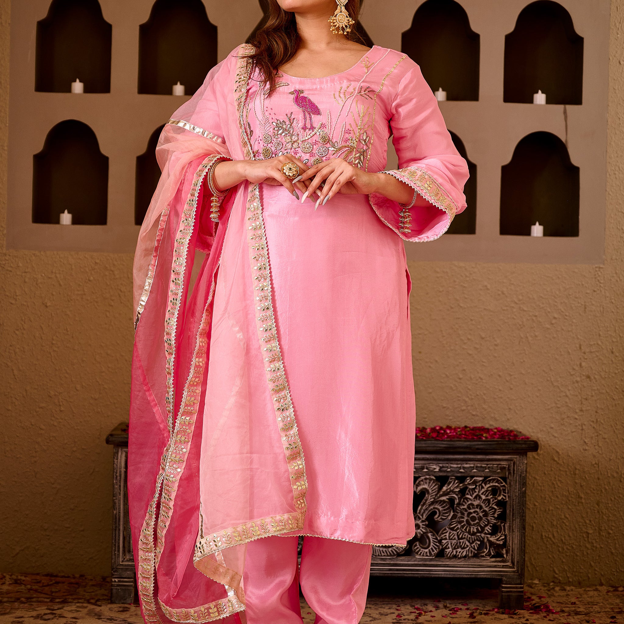 Flamingo Tales Baby Pink Silk Hand Embroidered Suit Set