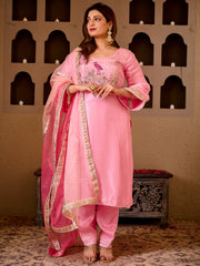 Flamingo Tales Baby Pink Silk Hand Embroidered Suit Set