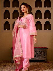 Flamingo Tales Baby Pink Silk Hand Embroidered Suit Set