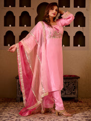 Flamingo Tales Baby Pink Silk Hand Embroidered Suit Set