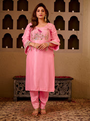 Flamingo Tales Baby Pink Silk Hand Embroidered Suit Set