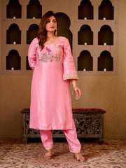 Flamingo Tales Baby Pink Silk Hand Embroidered Suit Set