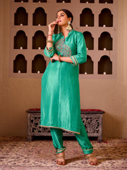 Krishika Emerald Green Silk Hand Embroidered Suit Set