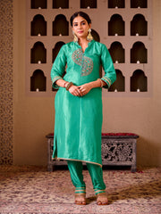 Krishika Emerald Green Silk Hand Embroidered Suit Set