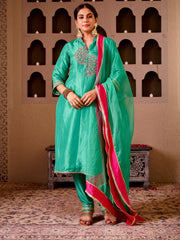 Krishika Emerald Green Silk Hand Embroidered Suit Set