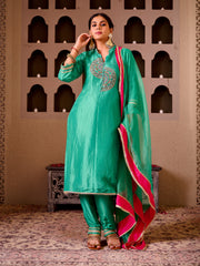 Krishika Emerald Green Silk Hand Embroidered Suit Set