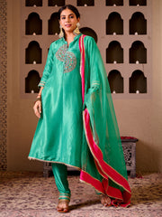 Krishika Emerald Green Silk Hand Embroidered Suit Set