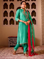 Krishika Emerald Green Silk Hand Embroidered Suit Set