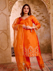 Sunset Orange Silk Suit With Gota Work