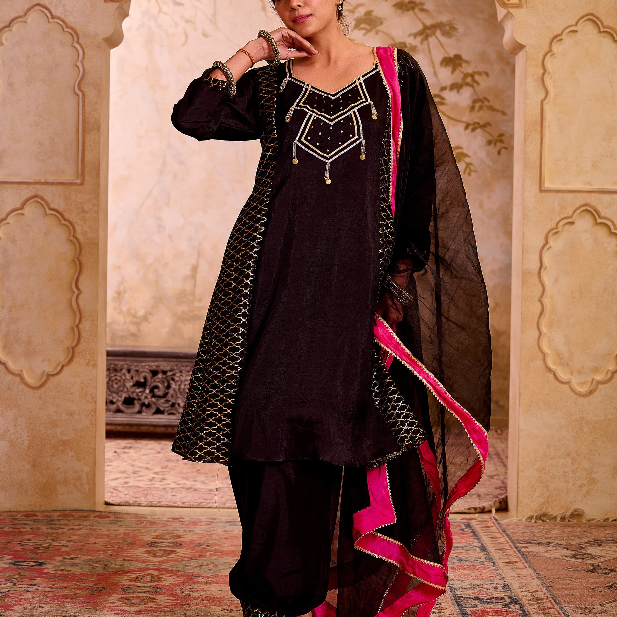 Black Silk Suit With Gota Work