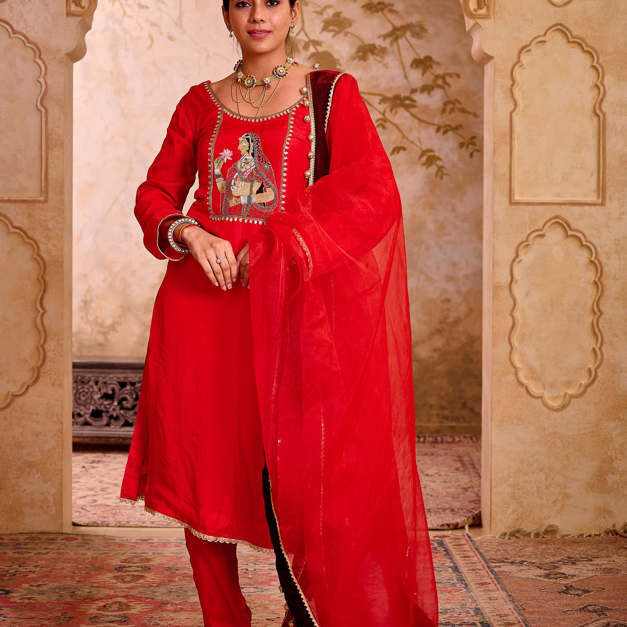 Begum Red Silk Hand Embroidered Suit Set