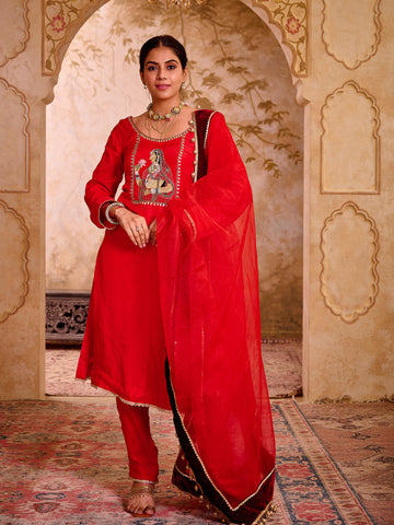 Begum Red Silk Hand Embroidered Suit Set