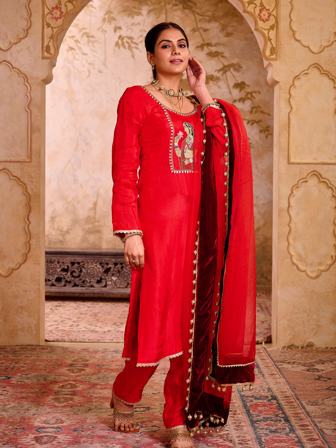 Begum Red Silk Hand Embroidered Suit Set