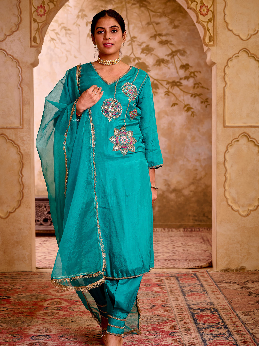 Sehej Teal Blue Hand Embroidered Suit Set