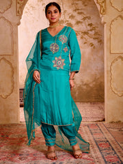 Sehej Teal Blue Hand Embroidered Suit Set