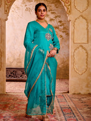 Sehej Teal Blue Hand Embroidered Suit Set