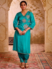 Sehej Teal Blue Hand Embroidered Suit Set