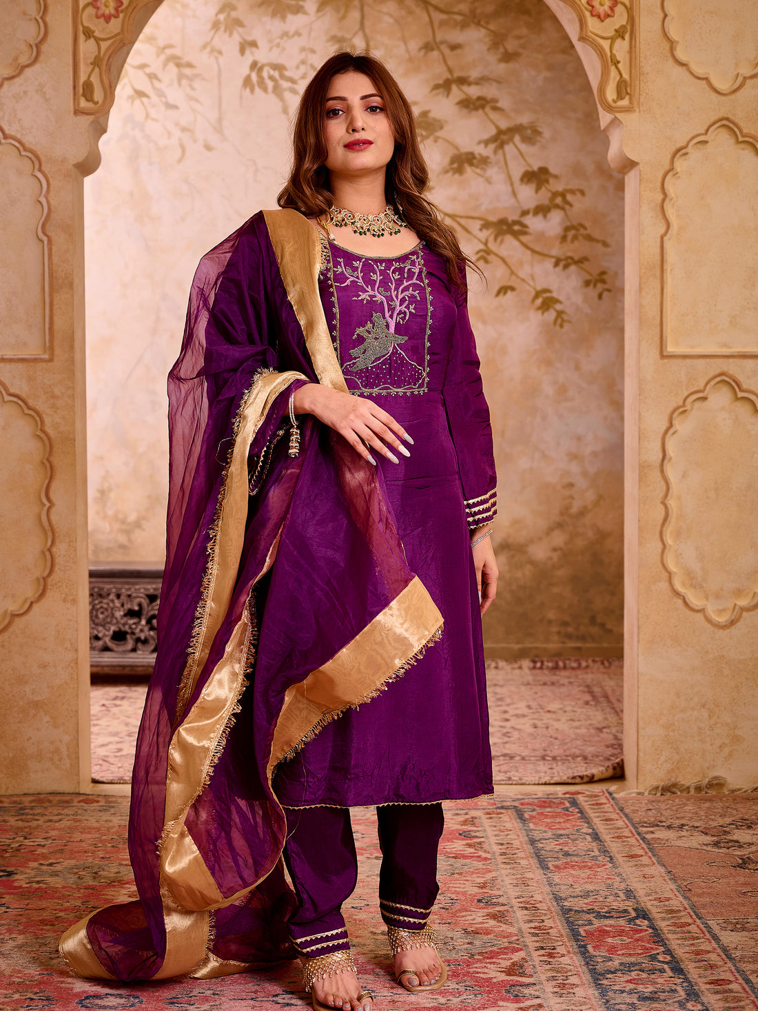 Krishika Purple Silk Vrindavan Themed Hand Embroidered Suit Set