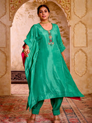 Samragi Emerald Green Silk Hand Embroidered Kaftan Set