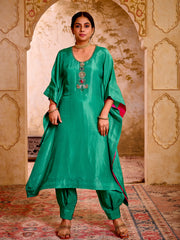 Samragi Emerald Green Silk Hand Embroidered Kaftan Set