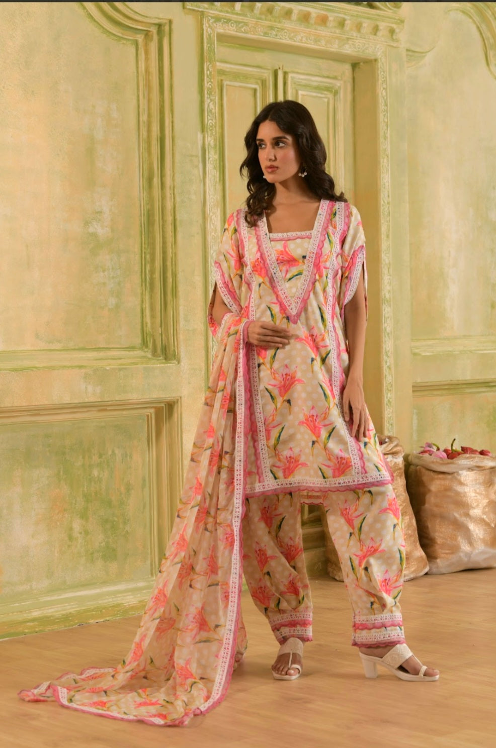 Pastel Green Polka Dot Cum Floral Print Cotton Suit Set