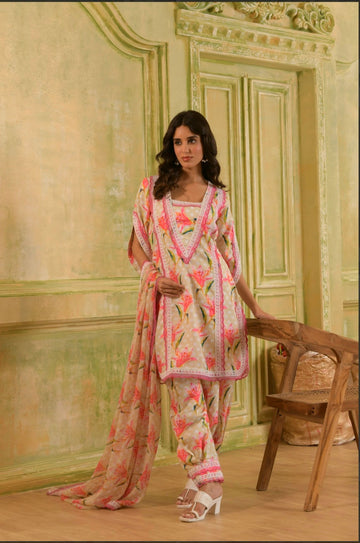 Pastel Green Polka Dot Cum Floral Print Cotton Suit Set