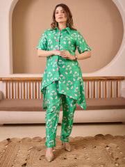 Pichwai Emerald Green Cotton Satin Hand Embroidered Co-ord Set