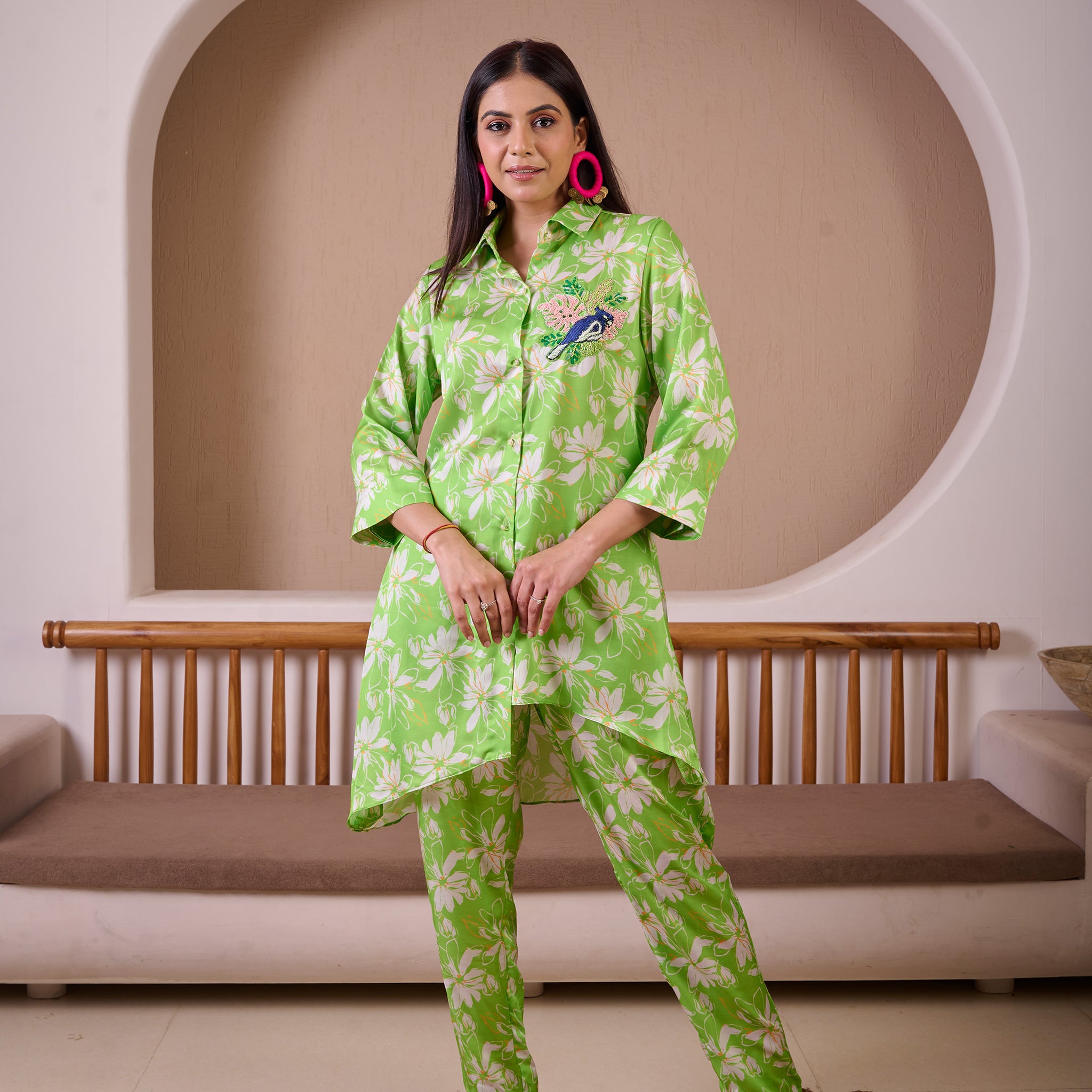 Green Printed Embroidered Cord Set