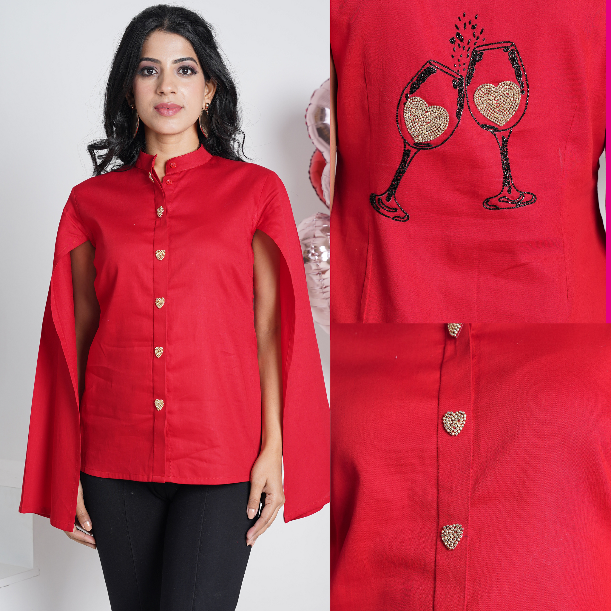 Love over Champagne Red Embroidered Pure Cotton Shirt with cape sleeves