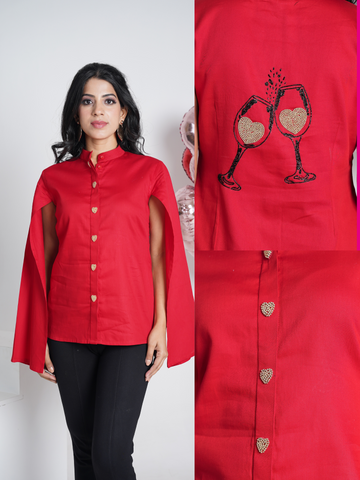 Love over Champagne Red Embroidered Pure Cotton Shirt with cape sleeves