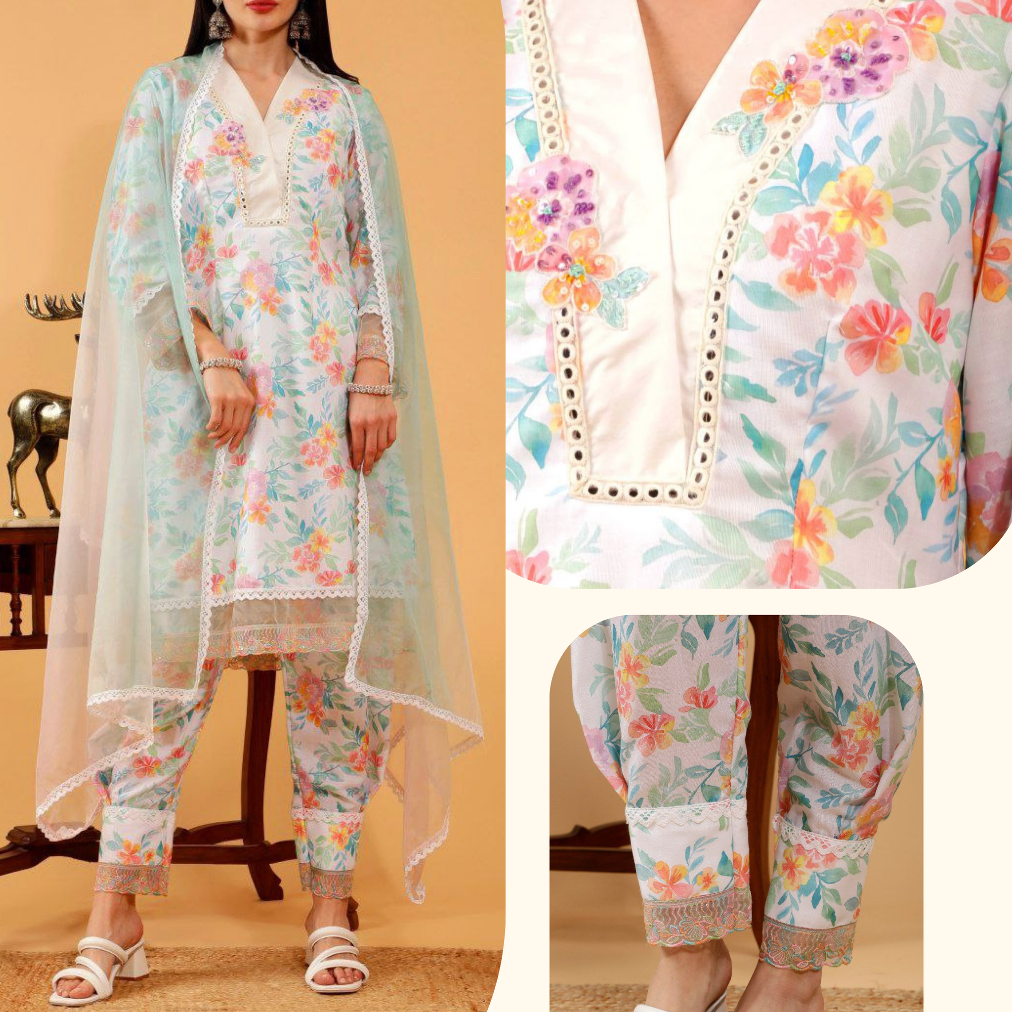 Nitya White Floral Print 3 Piece Suit Set