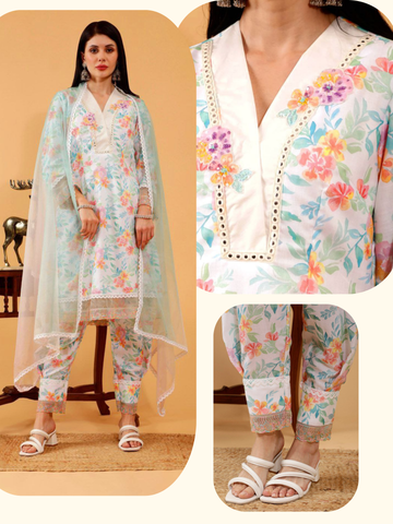 Nitya White Floral Print 3 Piece Suit Set