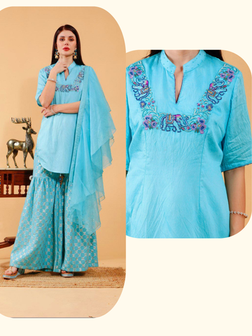 Brinda Sky Blue Hand Embroidered 3 Piece Suit Set