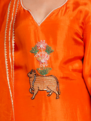 Pichwai Art Orange Silk Hand Embroidered Suit Set