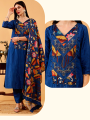 Silk 3 Pc Suit Set in Benika Blue Printed with Hand Embroidered