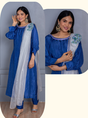 Aarohi Blue Peacock Broach 3 Piece Suit Set