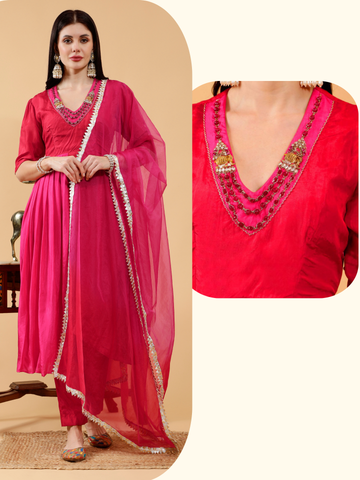 Chandani Red & Hot Pink Hand Embroidered 3 Piece Suit Set