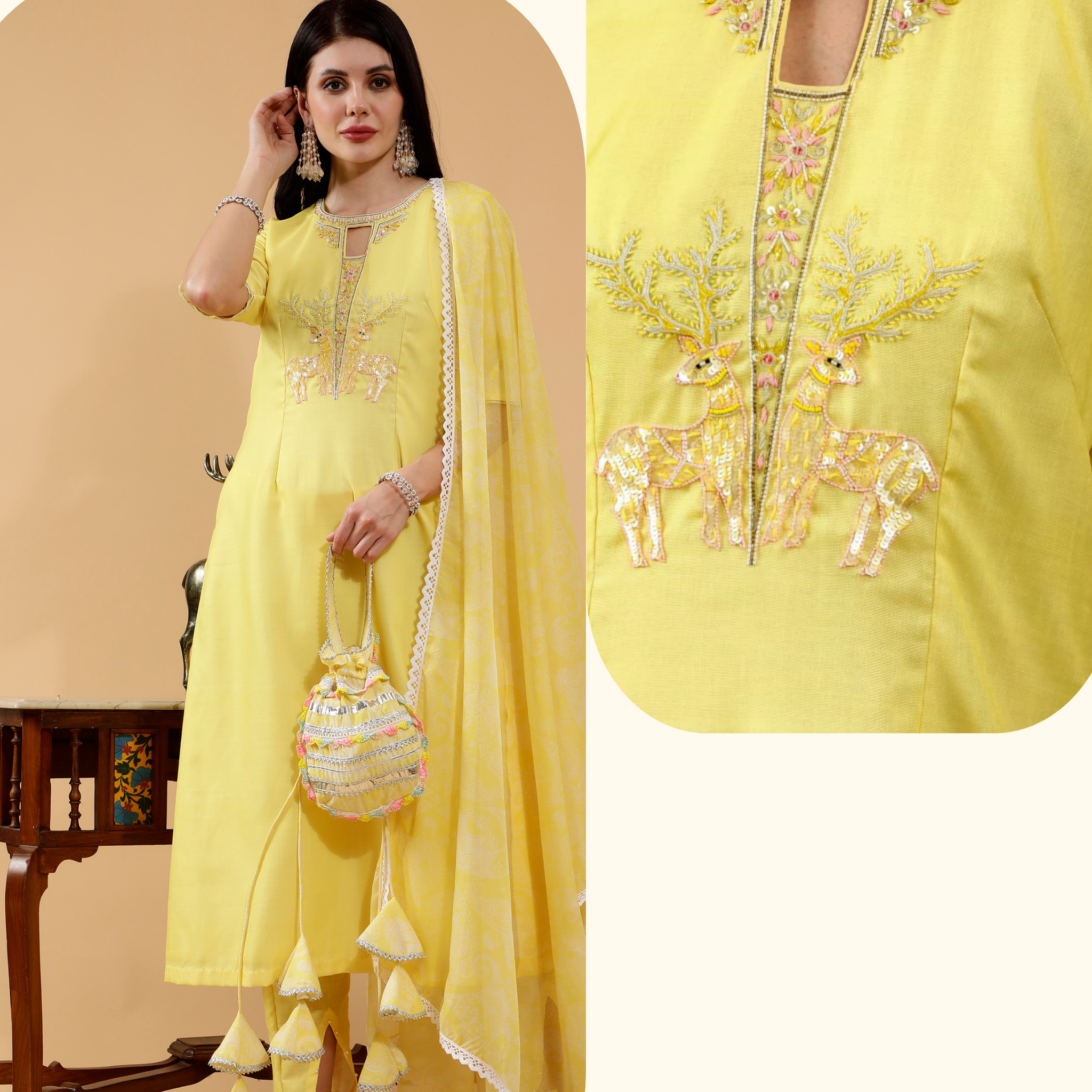 Cotton Linen 3 Pc Suit Set Lia Yellow Hand Embroidered