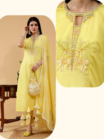 Lia Yellow Linen Hand Embroidered 3 Piece Suit Set