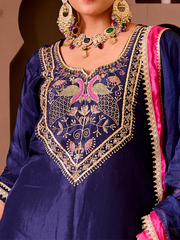 Ashnoor Navy Blue Silk Hand Embroidered Suit Set