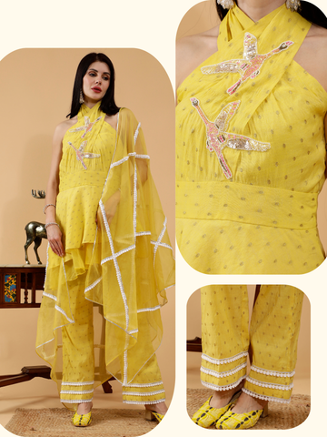 Shanelle Sunny Yellow Hand Embroidered 3 Piece Suit Set