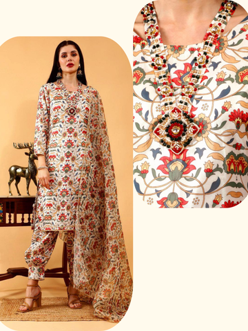 Vedika Beige Pichwai Print Hand Embroidered 3 Piece Suit Set