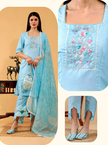 Cecilia Sky Blue Linen Hand Embroidered 3 Piece Suit Set